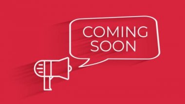 4K Retro tarzı megafon ve konuşma balonu kelimesi yakında geliyor. Soyutlanmış kelimenin altın parıltısı yakında döngü animasyonu reklamcılık konseptini izole eder.