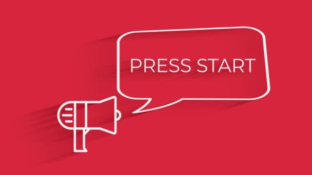 Animatie van PRESS START titel verschijnen op megafoon met spraak bubble stijl graphics achtergrond — Stockvideo