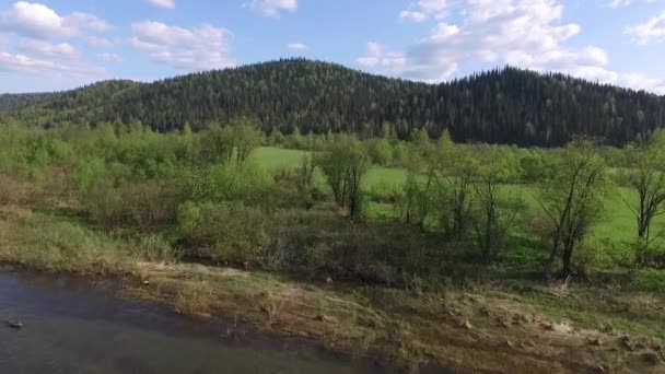 Cámara voladora sobre la isla del río en dirección a las montañas (quadrocopter ) — Vídeos de Stock