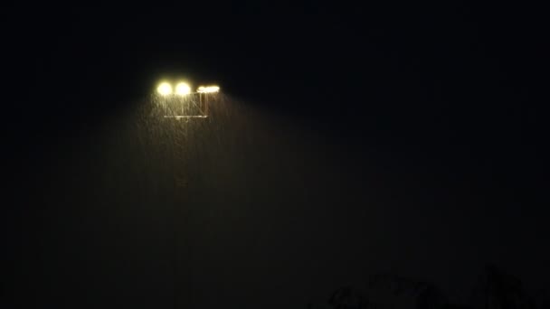 Stadion reflektorok éjszaka során a zajos, esőzuhany. — Stock videók