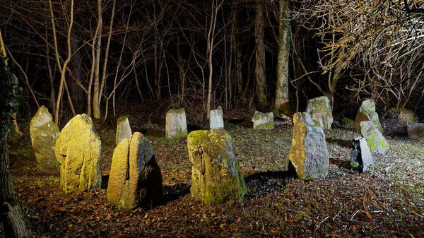 Мале кам'яне коло в темному зимовому лісі вночі — стокове фото