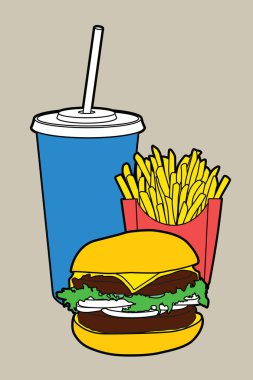 Patates kızartması, Hamburger ve Soda Kupası.