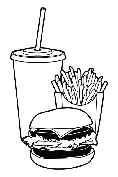Franse frietjes, Hamburger en frisdrank Cup. — Stockvector
