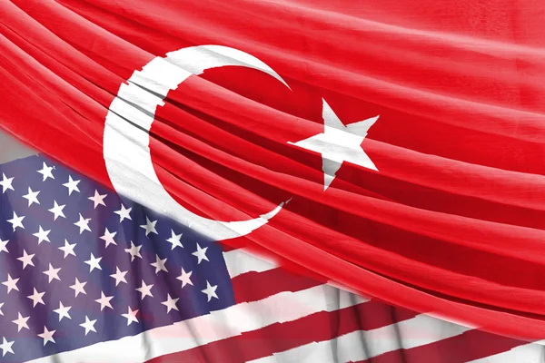 Türkei und USA Flagge auf Vorhang Hintergrund — Stockfoto
