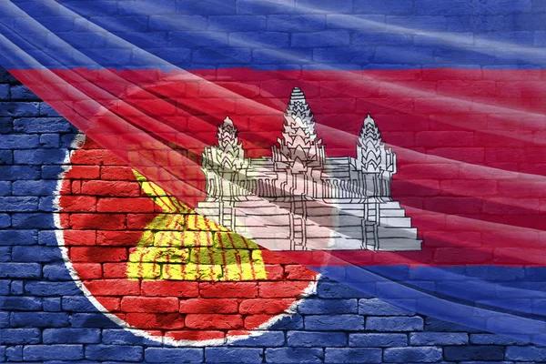 Bandeira aec cambodia bandeira no fundo de tijolo e cortina — Fotografia de Stock