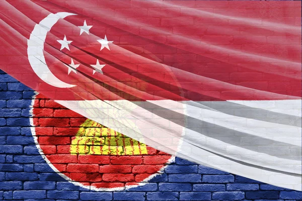 Aec прапор Сінгапуру прапор на цегли і фіранок фонові — стокове фото
