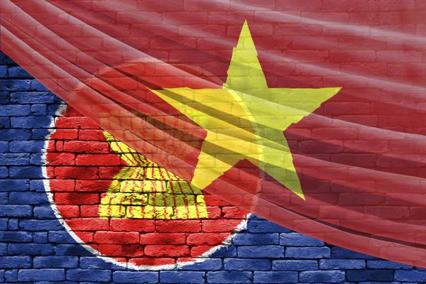 AEC vlag vietnam vlag op baksteen en gordijn achtergrond — Stockfoto