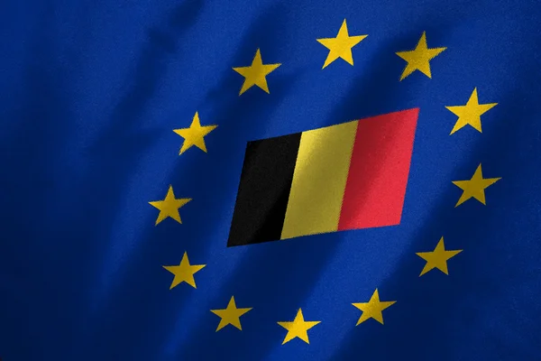 Belgium flag in EU flag on fabric — Stock Photo, Image