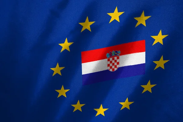Croatia flag in EU flag on fabric — Stock Photo, Image