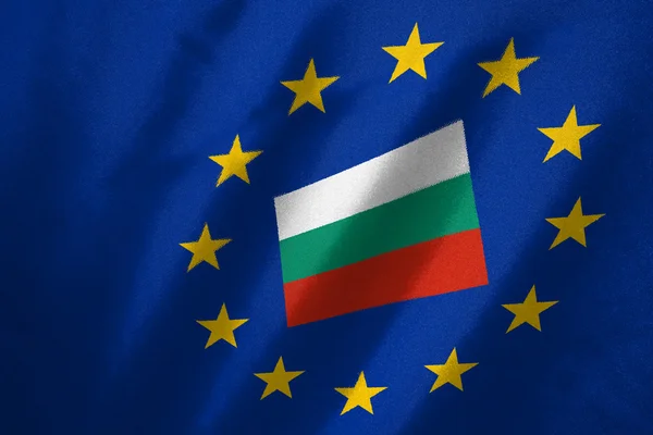 Bulgaria flag in EU flag on fabric — Stock Photo, Image