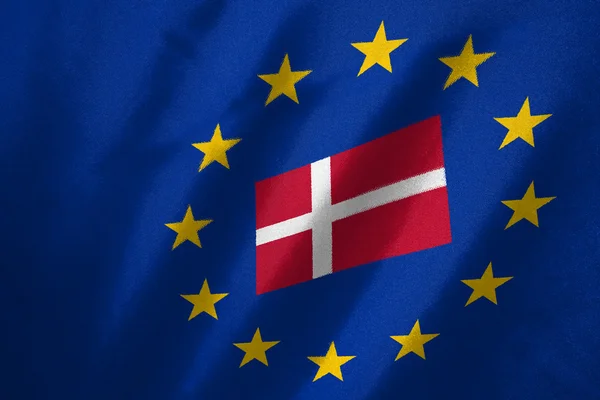 Denmark flag in EU flag on fabric — Stock Photo, Image