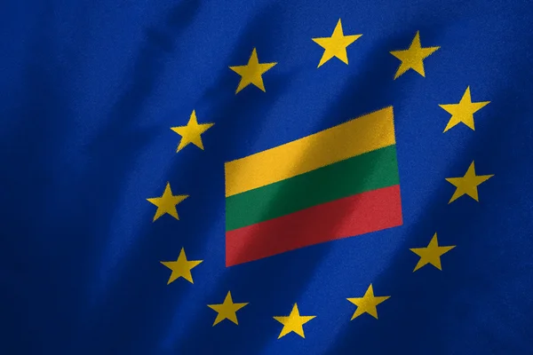 Lituania flag in EU flag on fabric — Stock Photo, Image