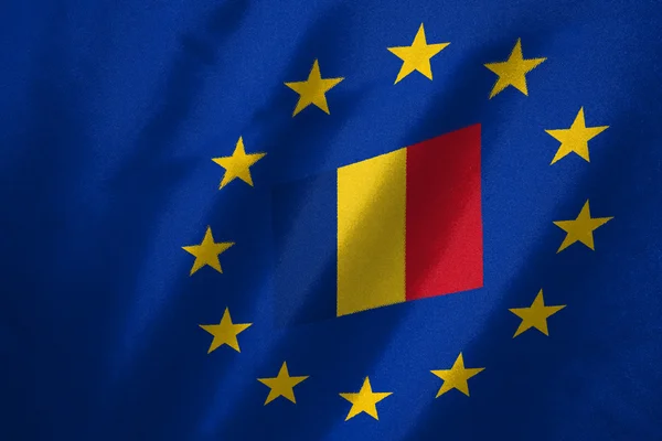 Romania flag in EU flag on fabric — Stock Photo, Image