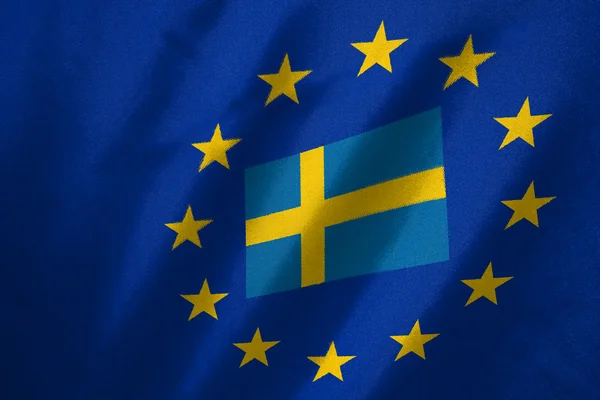 Sweden flag in EU flag on fabric — Stock Photo, Image