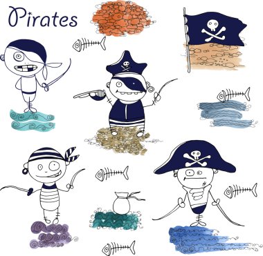 kum ve dalgalar deniz unsurları ile beyaz arka plan üzerinde küçük komik korsanlar vektör