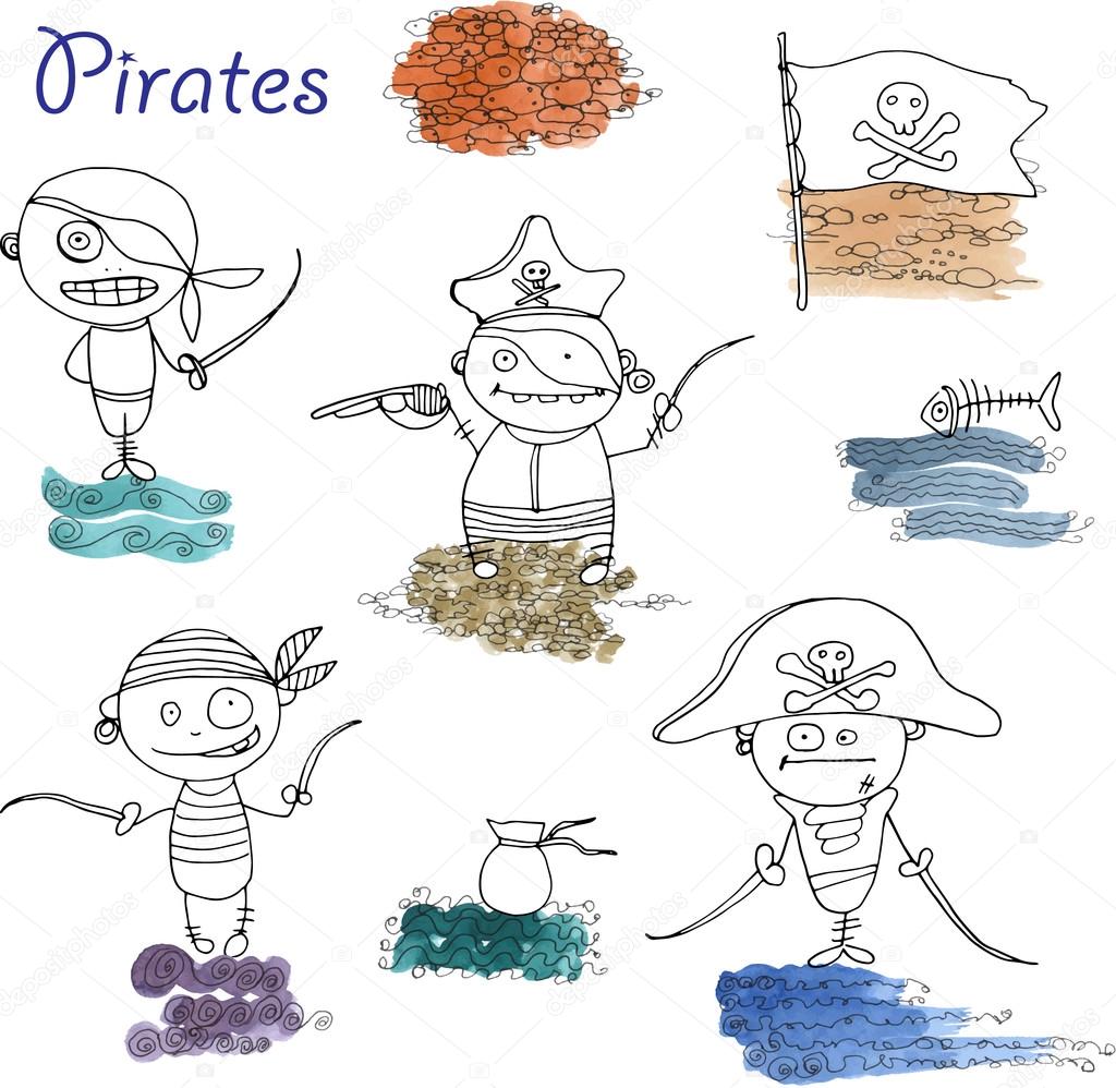 vector little funny pirates on white background with sand and waves sea elements