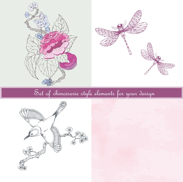 Set in the chinoiserie style with peonies, dragonfly's, bird and pink background for wedding and scrapbooking design — Stock Vector