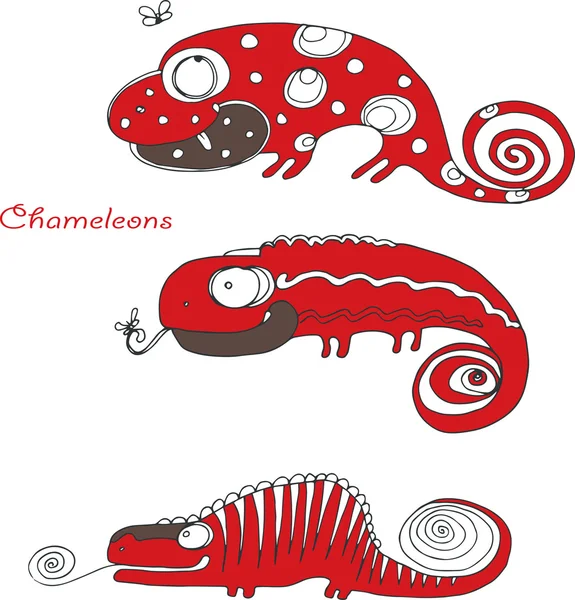 Mano vettoriale disegno divertente camaleonti rossi — Vettoriale Stock