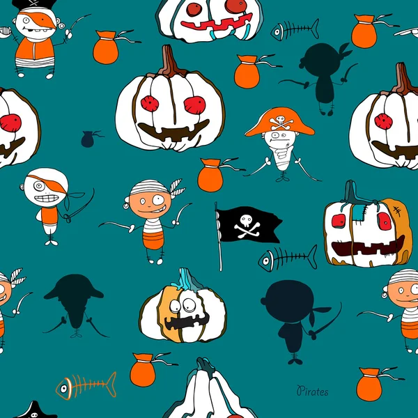 Vecteur sans couture petits pirates drôles et pampkins halloween sur fond vert avec des silhouettes pour la conception de vacances — Image vectorielle