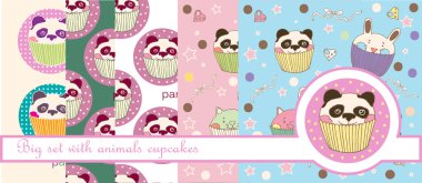 Büyük vektör yiyecek ve scrapbooking tasarımı için panda ve hayvanlar kekler ayarla