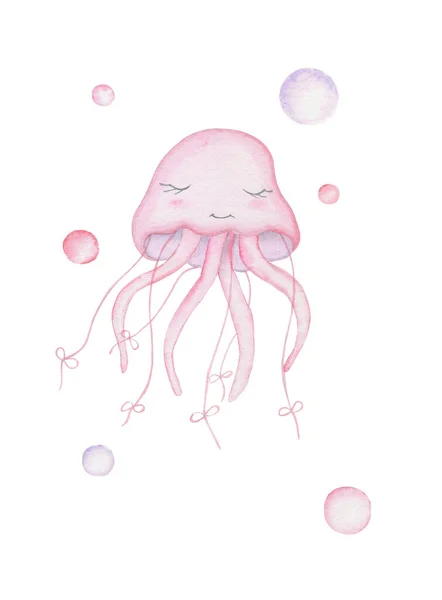 Aranyos medúzás lány. Akvarell illusztráció. — Stock Fotó