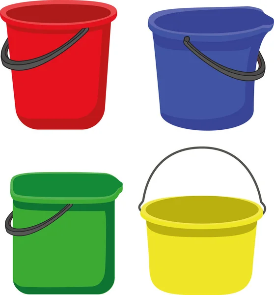 Four buckets on a white background of red, yellow, green and blue. — ストックベクタ