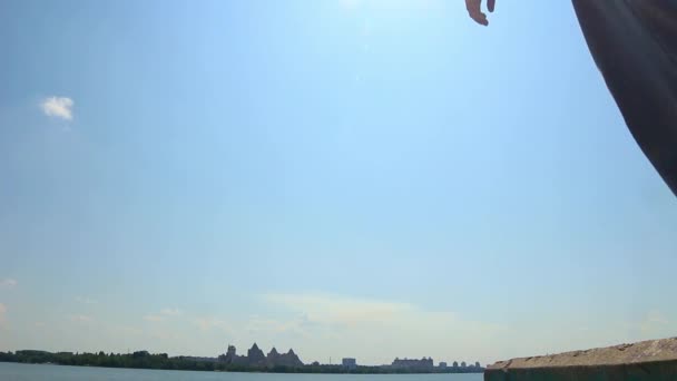 Man Walks Edge Parapet Background City Stops Jump — Stok video