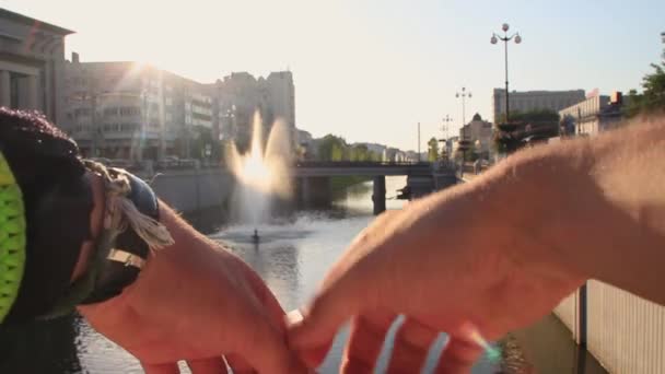 Hands Man Who Stopped Rest Looks Fountain River Weat — Stock videók