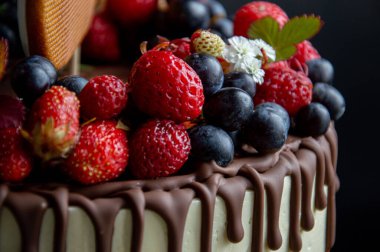 Koyu arkaplanda güzel ve parlak bir pasta..