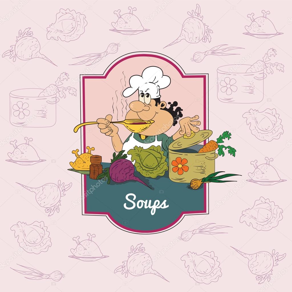 Illustration of a cook who prepares soup