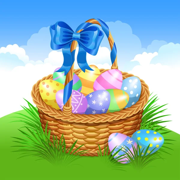 Canasta de Pascua con el color pintado huevos de Pascua. Huevos de Pascua — Vector de stock