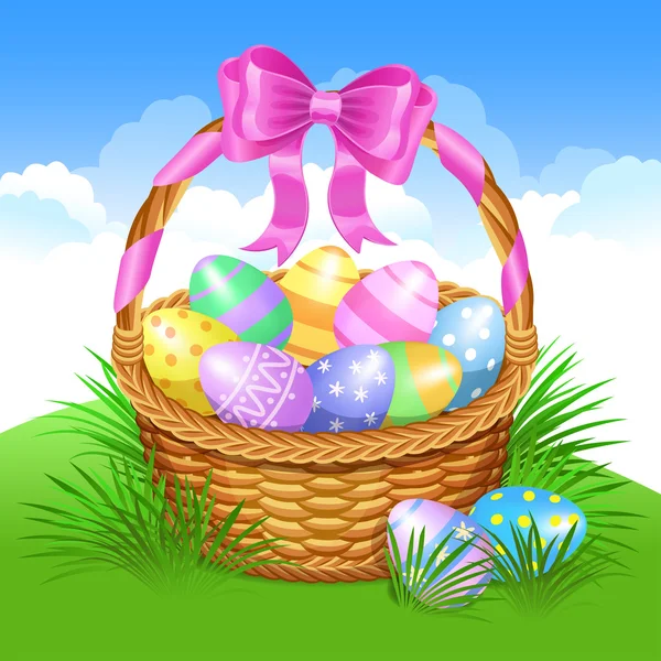 Easter basket with color painted easter eggs. Easter eggs — Stock Vector