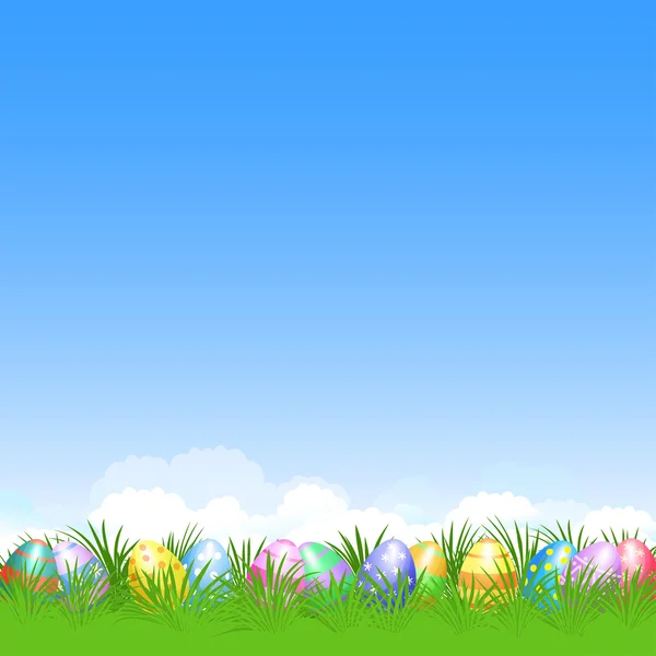 Fondo de Pascua y huevos de Pascua coloridos en verde hierba — Vector de stock