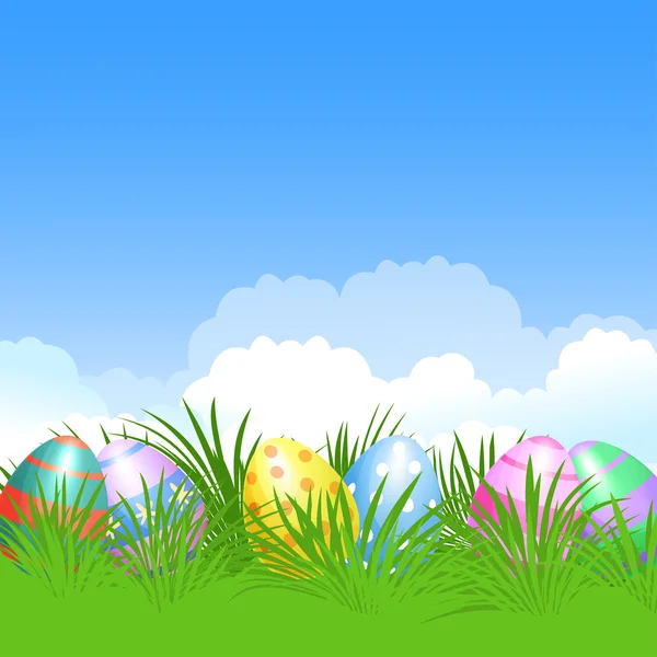 Velikonoční pozadí a barevné velikonoční vejce v zelené trávě — Stockový vektor