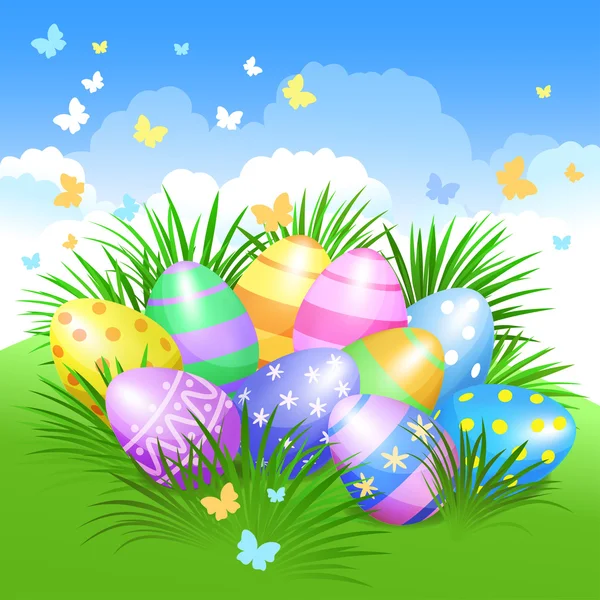 Easter background and colorful Easter eggs in green grass — Stock Vector