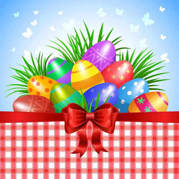 Barevné velikonoční vajíčka a červenou stužku, luk — Stockový vektor