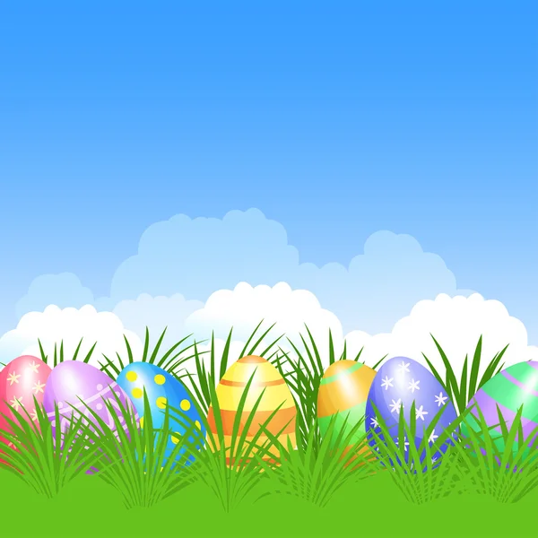 Fondo de Pascua y huevos de Pascua coloridos en verde hierba — Vector de stock
