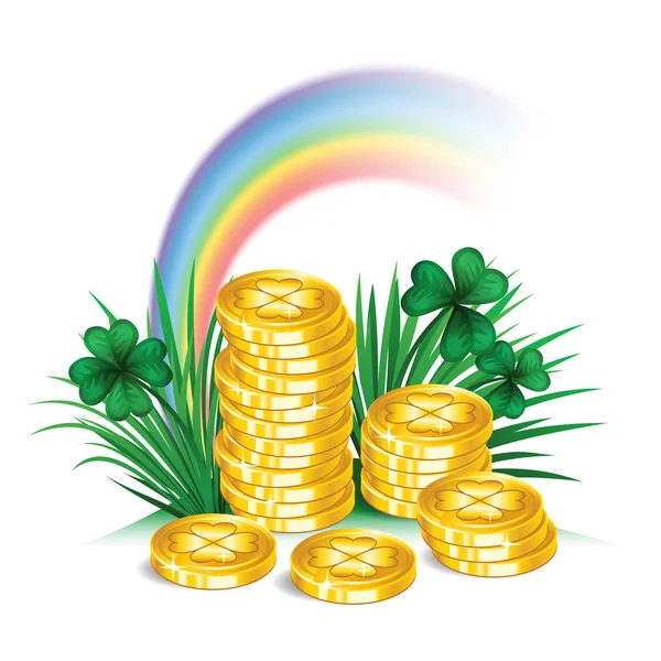 Του St. Patrick ημέρα σύμβολα, ουράνιο τόξο και χρυσά νομίσματα — Διανυσματικό Αρχείο