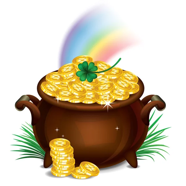 Pot Of Gold, büyülü hazine, St. Patrick'ın gün sembolü. Vektör — Stok Vektör