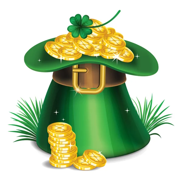 День Святого Patrick зелений гном капелюх з конюшина і золото — стоковий вектор