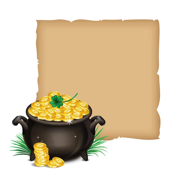 Fondo de día de St.Patrick con caldero de oro, tesoro mágico — Vector de stock