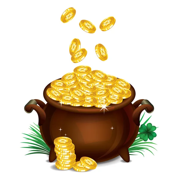 Pot Of Gold, tesoro magico, simbolo di giorno di St Patrick. Vector — Vettoriale Stock