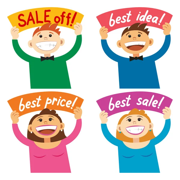 Funny cartoon people holding sign Sale off, Best price
