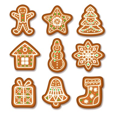 Set of Gingerbread Christmas cookies decorated icing.