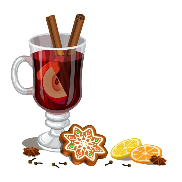 Mulled wine and Gingerbread Christmas cookie, decorated icing. — Stock Vector