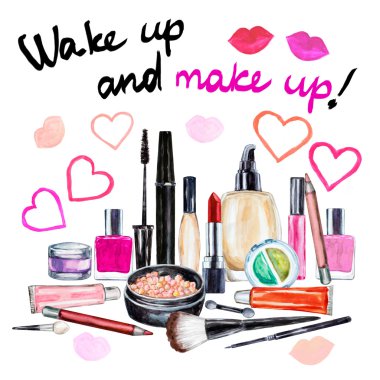 Çeşitli sulu boya dekoratif kozmetik kümesi. Makyaj ürünleri