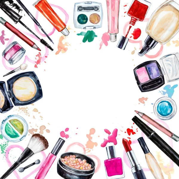 Frame of various watercolor decorative cosmetic. Makeup products — Stock Photo, Image