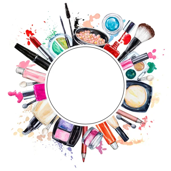 Estructura de varios cosméticos decorativos acuarela. Productos de maquillaje —  Fotos de Stock
