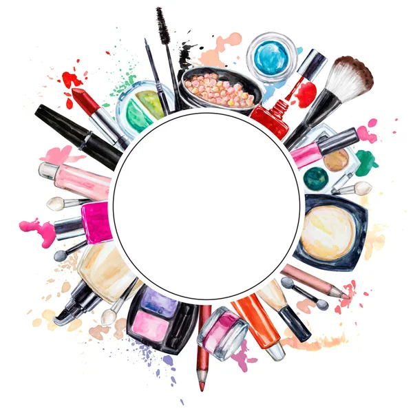 Gestell aus verschiedenen Aquarell dekorative Kosmetik. Make-up Produkte — Stockfoto