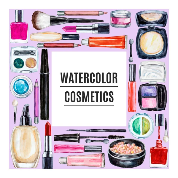 Frame of various watercolor decorative cosmetic. Makeup products — Stock Photo, Image